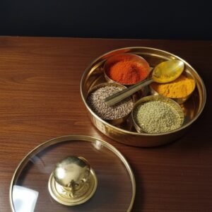 Premium Brass Masala Box (5 Inch) | 4-Compartment Spice Box with Lid for Kitchen & Mandir Rituals