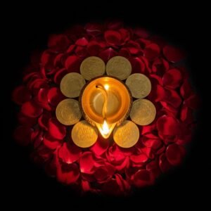 Pure Brass Ashta Lakshmi Coin Diya – Traditional Handcrafted Oil Lamp with Eight Goddess Lakshmi Coins for Wealth and Abundance