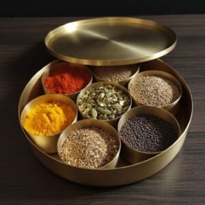 Premium Brass Kamal Puja Dibbi (5 Inch) | 7-Compartment Spice Box with Lid for Kitchen & Mandir Rituals