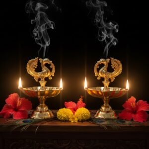 Handcrafted Peacock Brass Diya (4 Inch) Set of 2 – Premium Standing Deepam with Intricate Carvings for Pooja and Home Decor