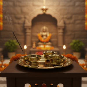 Auspicious Brass Aarti Pooja Thali Set (Diya, Kumkum & Turmeric Holders)