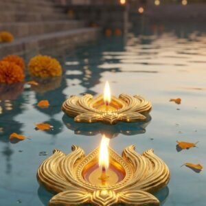 Antique Brass Decorative Lotus Diya | Traditional Pooja Deepam Décor | Handmade Vintage Brass Lamp Design for Home Temple & Festive Decoration (Set of 2)