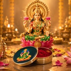 Divine Lakshmi Kumkum Box – Traditional Brass Sindoor Container with Pure Kumkum for Pooja & Daily Rituals