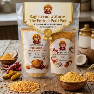 Raghavendra Stores Perfect Twin Pair – Premium Dal Powder & Copra Podi Combo Pack | Traditional South Indian Rice Mix & Idly Dosa Side Dish | Homemade Taste | 100g x 2(Without garlic)