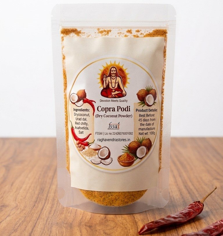 Raghavendra Stores Copra Podi (Dry Coconut Powder) – Traditional South Indian Idly & Dosa Side Dish | Ready Mix for Copra Rice | Homemade Taste | 100g(without garlic) - Image 2