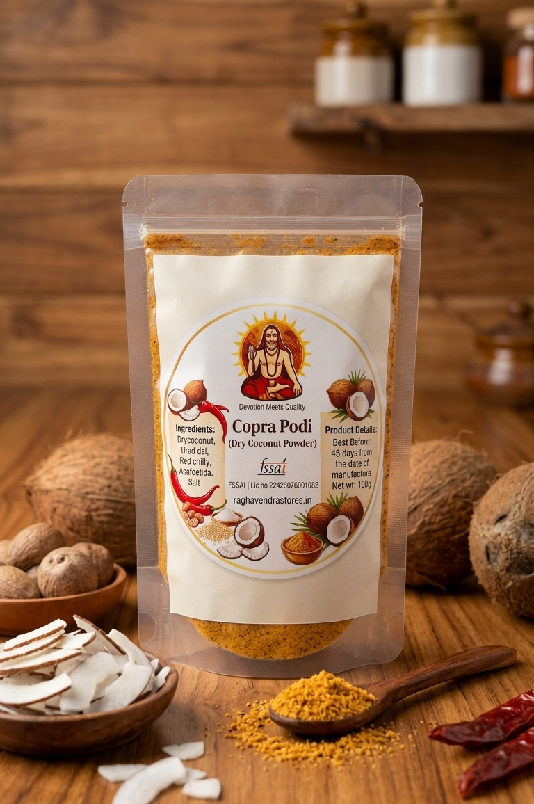 Raghavendra Stores Copra Podi (Dry Coconut Powder) – Traditional South Indian Idly & Dosa Side Dish | Ready Mix for Copra Rice | Homemade Taste | 100g(without garlic)
