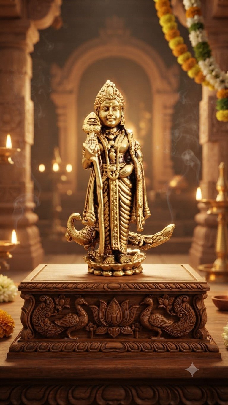 Premium Brass Murugan Peacock Idol|Brass Lord Murugan with Peacock | Antique Elegant Design -2 inch