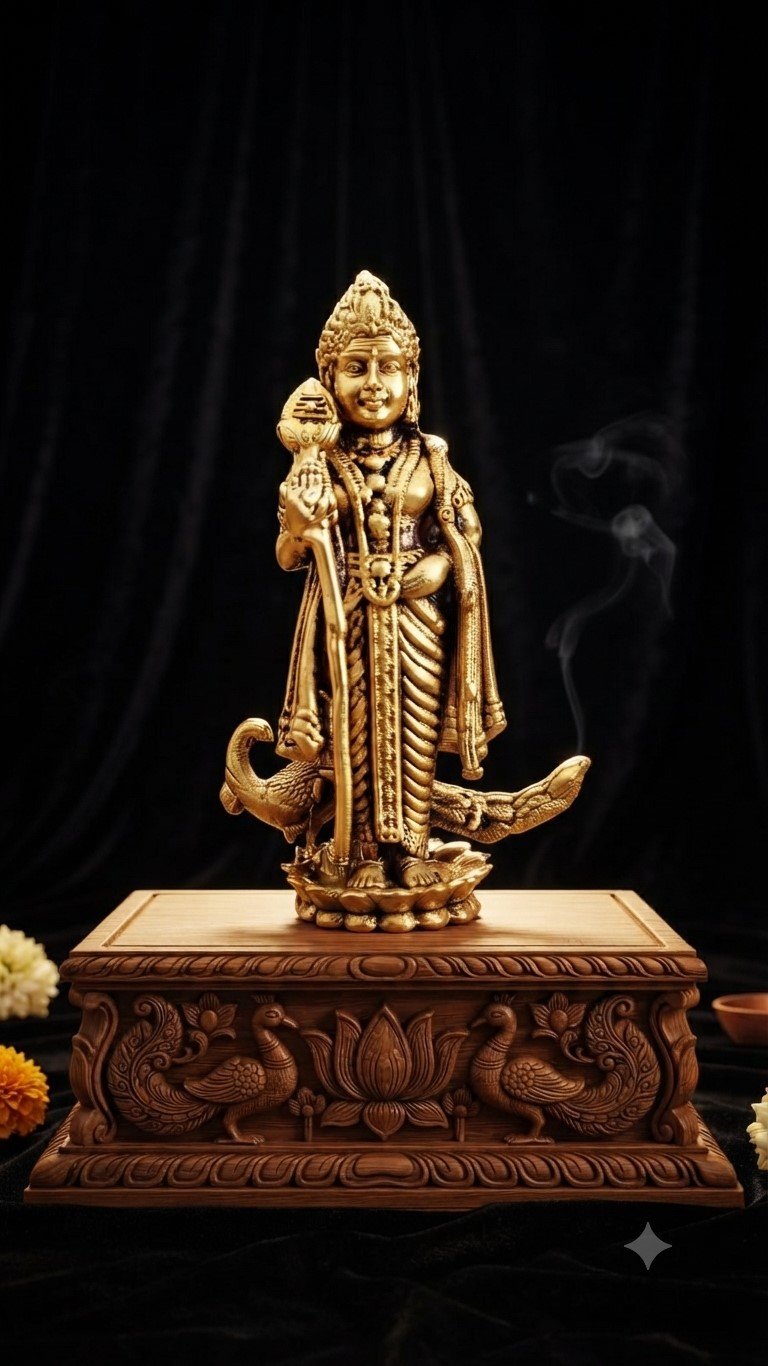 Premium Brass Murugan Peacock Idol|Brass Lord Murugan with Peacock | Antique Elegant Design -2 inch - Image 2