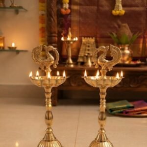 Premium Antique Brass Kuthu Vilakku | Traditional Peacock Diya for Pooja | Brass Anapakkshi Diya - 6.5 inches