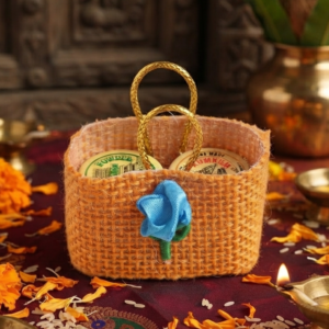 Mini Jute Bag with Kumkum & Haldi – Pack of 20 | Golu Return Gift & Festive Gift|Navratri Thamboolam -each 5 cm Height